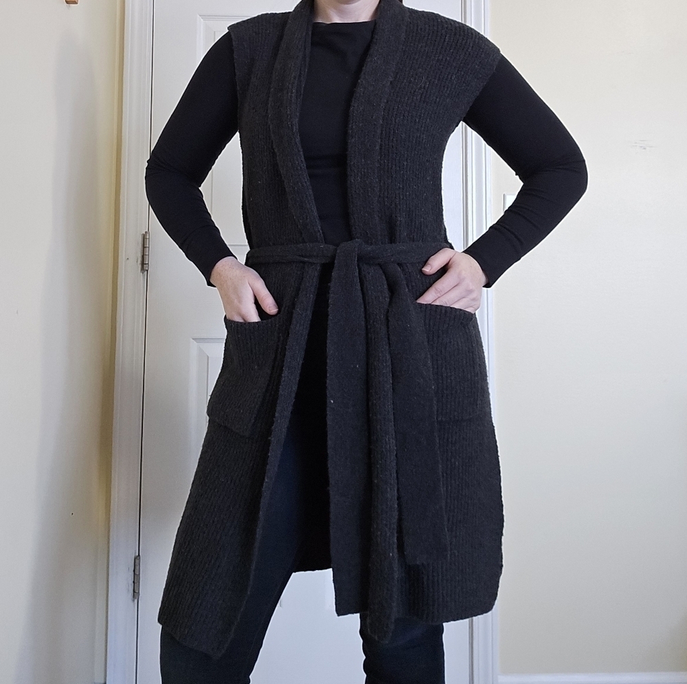 LOFT Charcoal Grey Knit Cardigan Vest Tie Waist Xs-M Acrylic/Wool